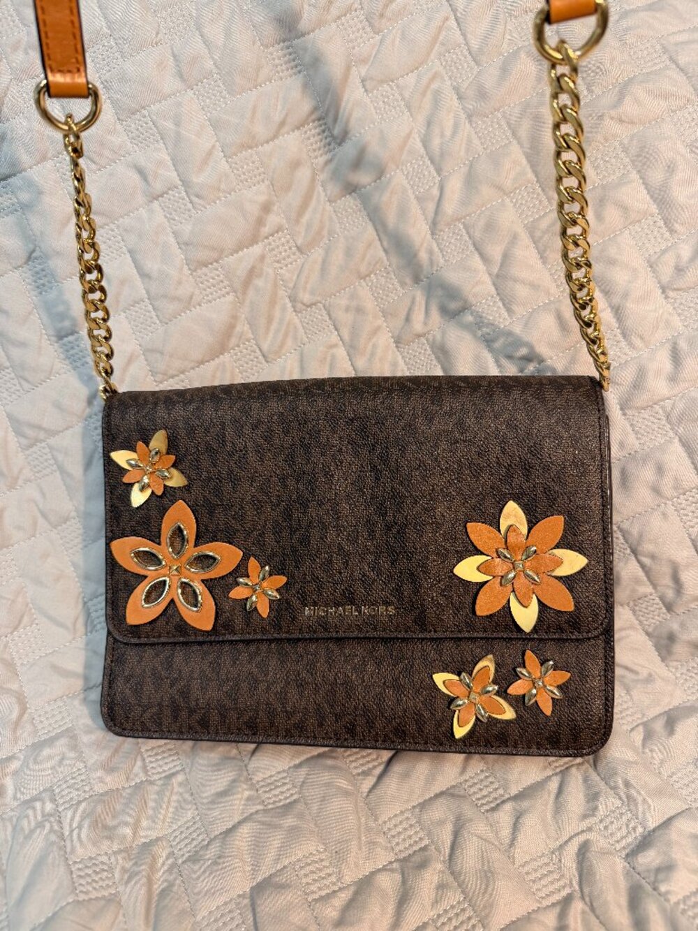 Michael Kors Floral Appliqué Crossbody Bag Brown MK Signature Gold Chain